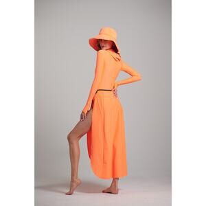 Watskin Ribbed Neon Orange Swimsuit & Wrap Skirt Set Resort Wear Athleisure M